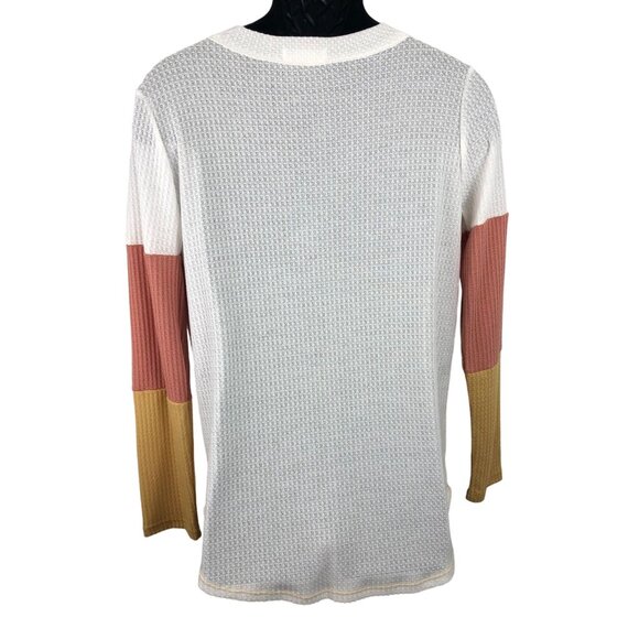 First Love Women's SIze Medium Colorblock Long Sleeve Waffle Knit Shirt V Neck - Picture 2 of 7